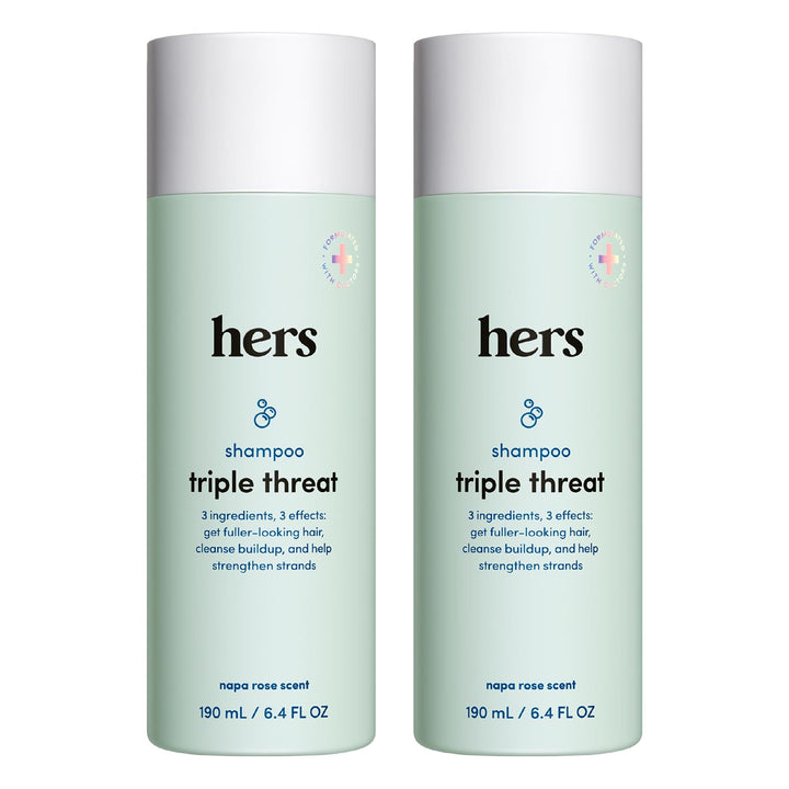 HIMS & HERS front packaging showing two 6.4 fl oz bottles and benefits