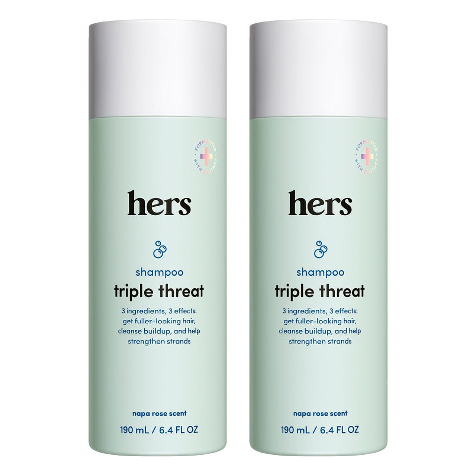 HIMS & HERS front packaging showing two 6.4 fl oz bottles and benefits