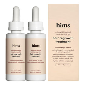 hims front packaging showing two-bottle pack and benefits for fuller hair