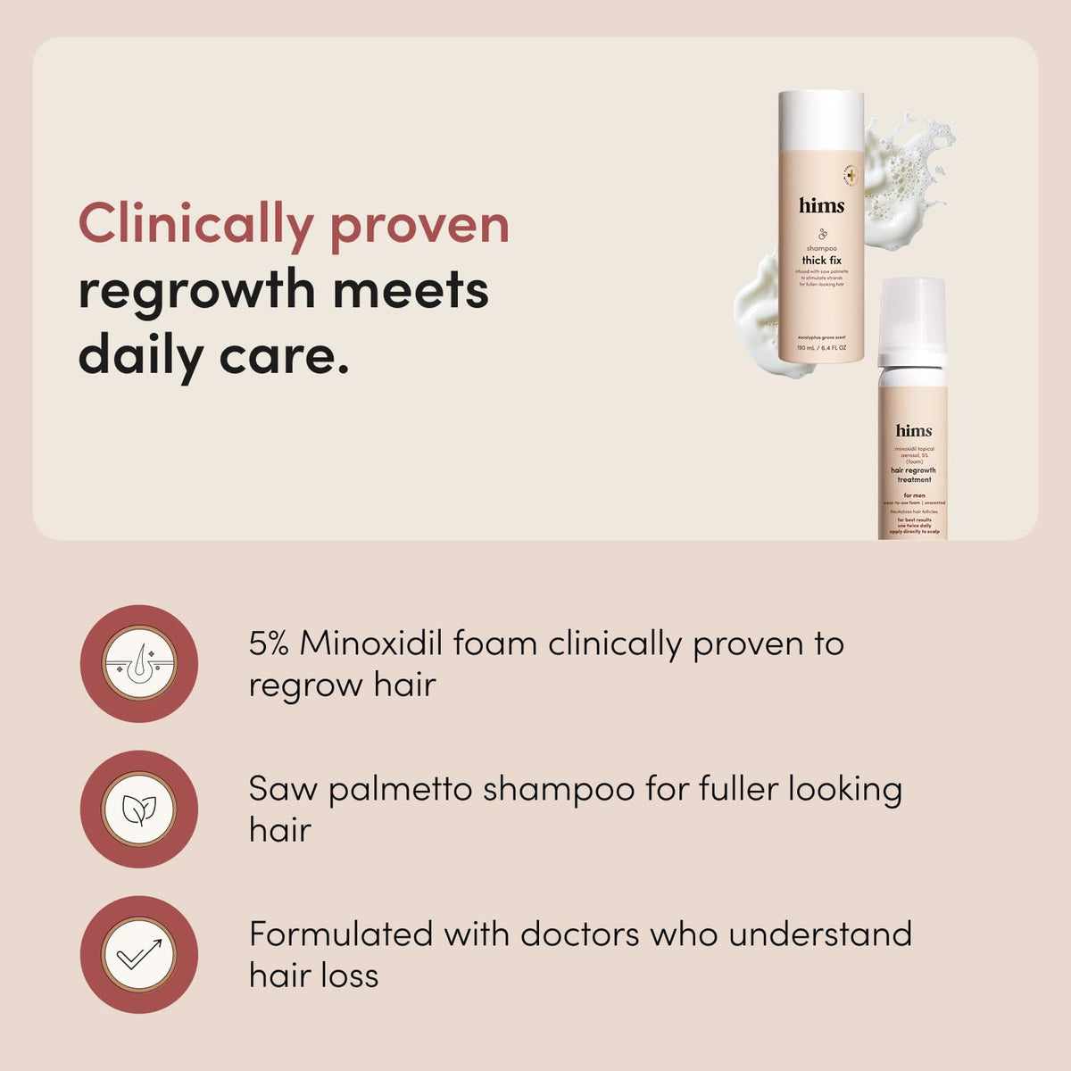 hims 5% minoxidil foam canister label close-up, highlights targeted application benefits