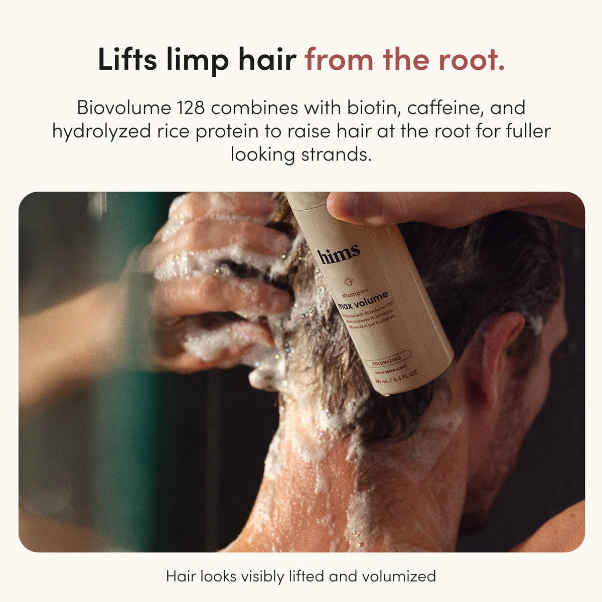 hims shampoo foam texture on hands demonstrating lightweight lather and gentle cleanse