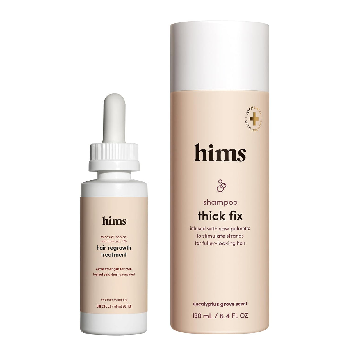 hims front packaging showing shampoo and minoxidil for clearer routine benefits