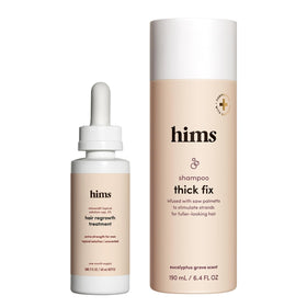 hims front packaging showing shampoo and minoxidil for clearer routine benefits