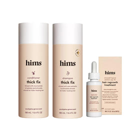 hims front packaging showing both Thick Fix bottles and minoxidil for clear kit benefit
