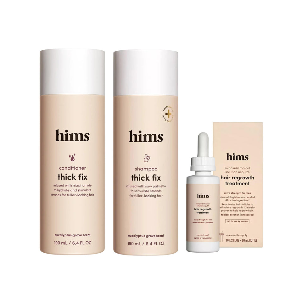 hims front packaging showing both Thick Fix bottles and minoxidil for clear kit benefit