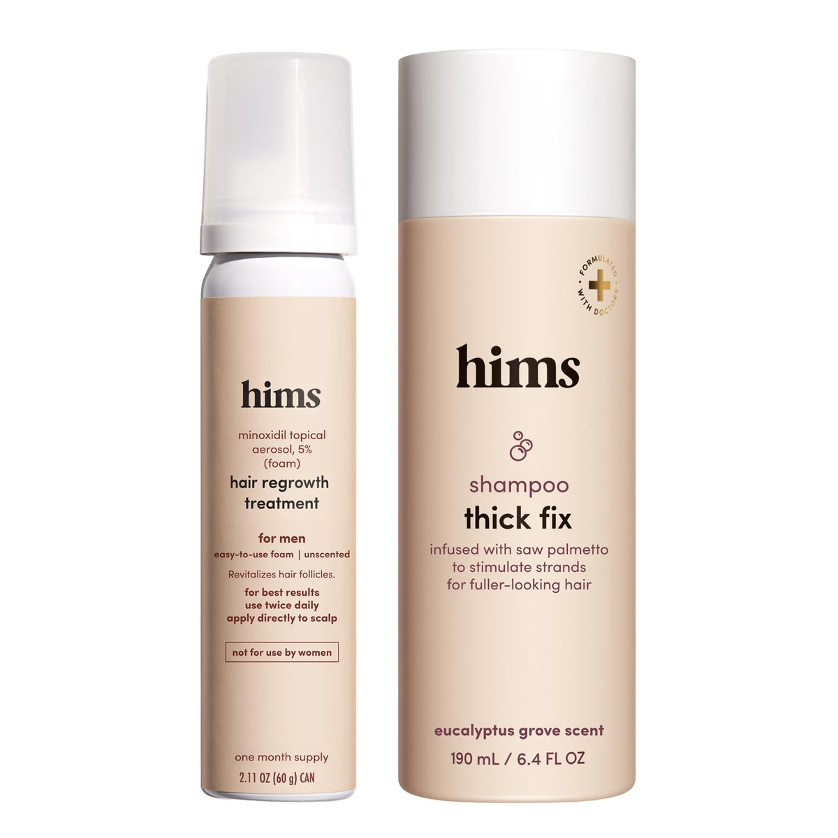 hims thick fix front packaging showing bottles and branding, conveys simple routine benefit