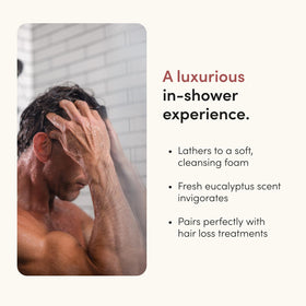 hims Thick Fix bottle on shower shelf illustrating daily use convenience