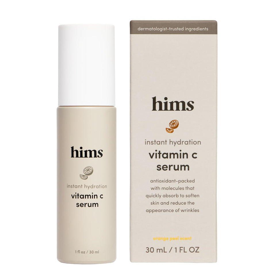 hims front bottle of vitamin C serum shows clean packaging and easy dispensing