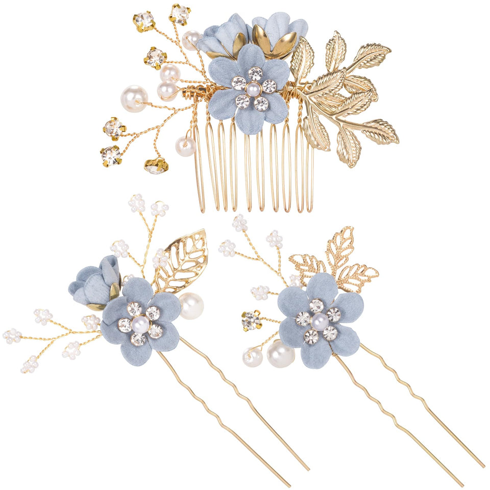 HINZIC front view of blue flower tassel hairpins showing elegant finish and color