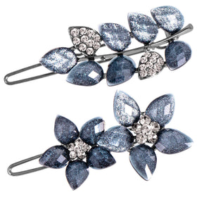 HINZIC front view of two ink-blue rhinestone hair clips showing design and color