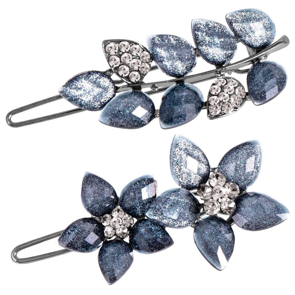 HINZIC front view of two ink-blue rhinestone hair clips showing design and color