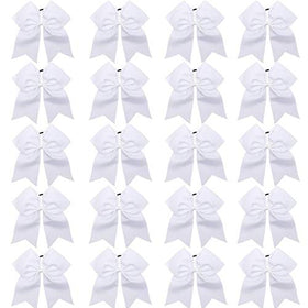 Hipcheer front view of 20 white cheer bows shows uniform team-ready look