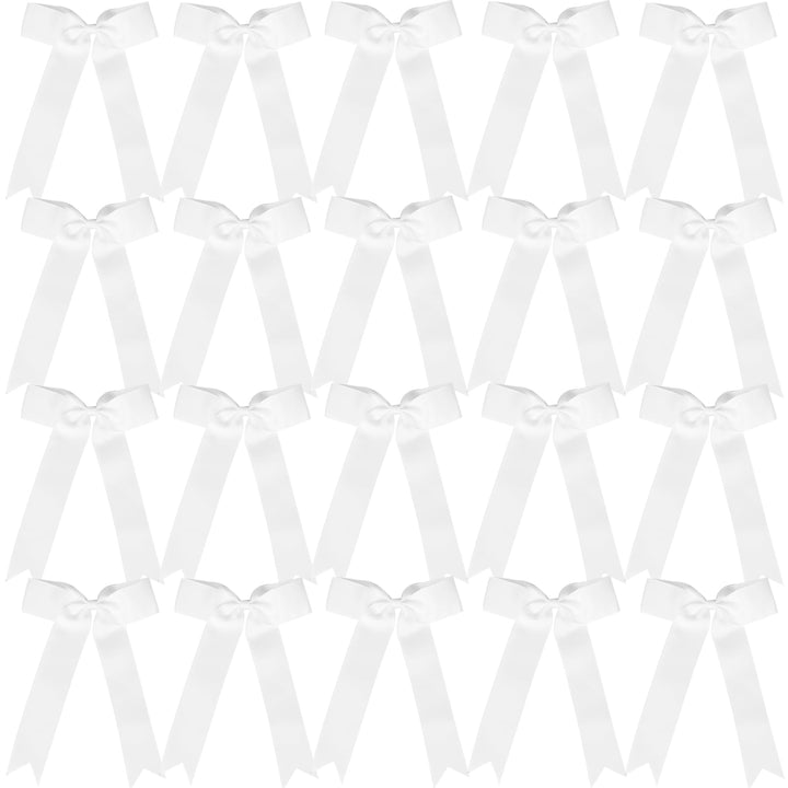 Hipcheer front view of white collegiate cheer bow showing full long-tail silhouette and team-ready look