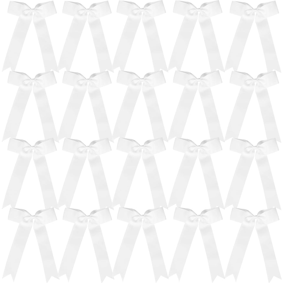 Hipcheer front view of white collegiate cheer bow showing full long-tail silhouette and team-ready look