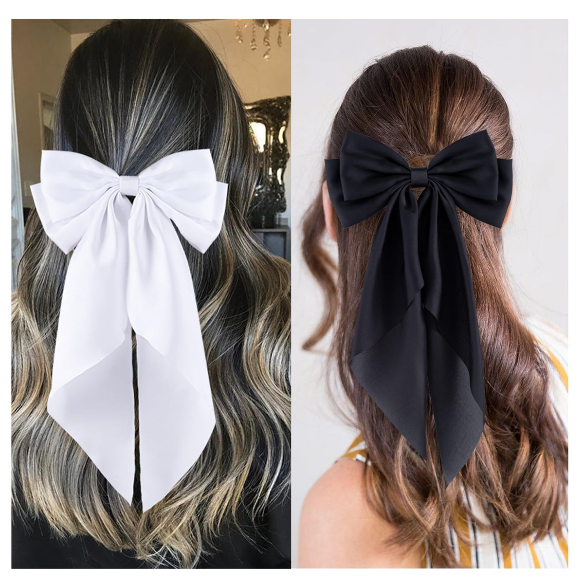 hisial bow clipped on a ponytail adding instant polished style