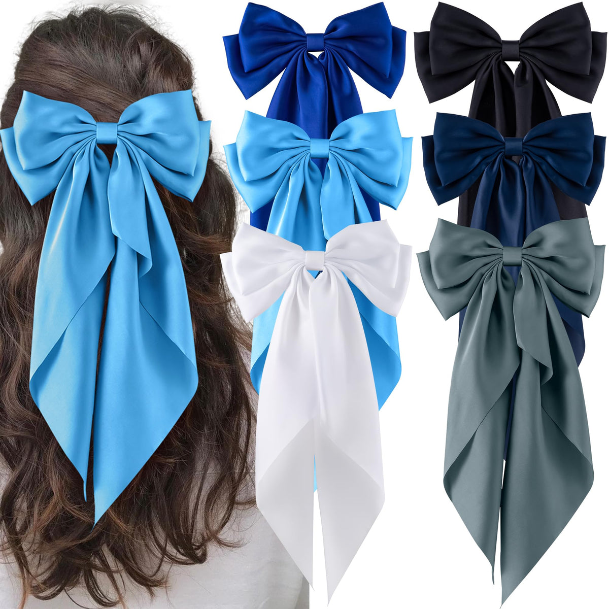 hisial front view of six large satin bows showing colors and packaging for gifting
