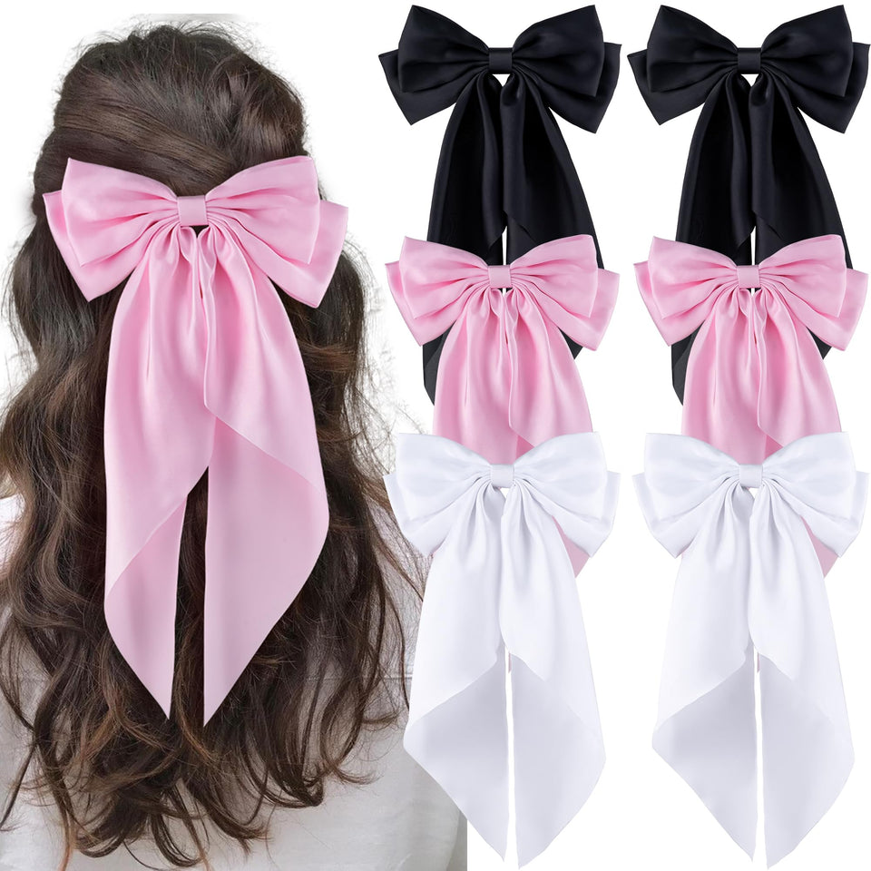 hisial front view of six large satin bows showcasing colors and packaging with visual appeal