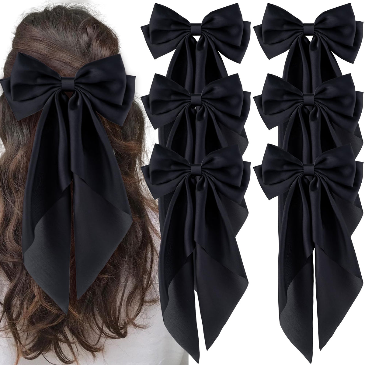 hisial front view black bow clip shows elegant satin finish and shape benefits style