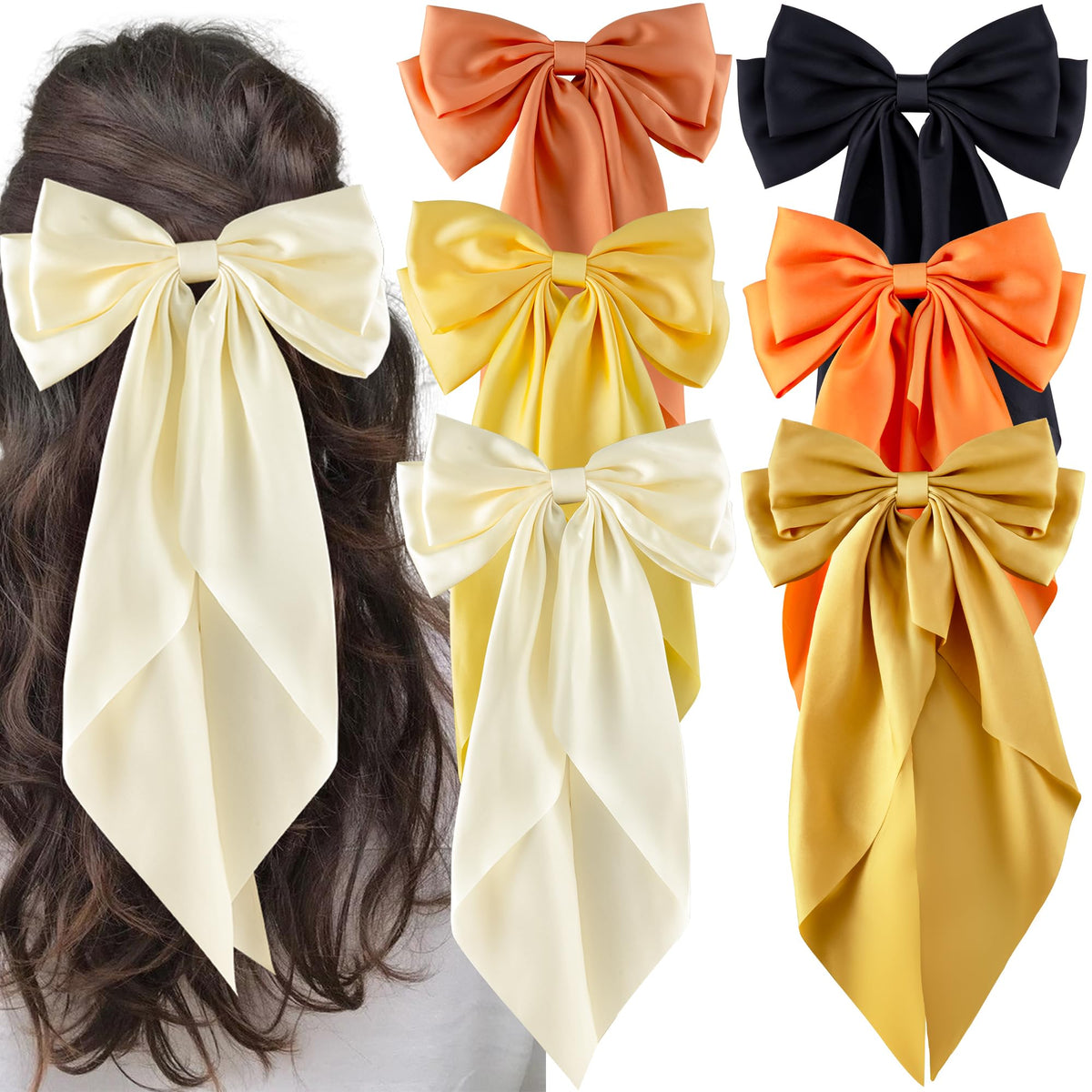 hisial front view showing all 6 large satin bows, showcases elegant colors and styling benefit