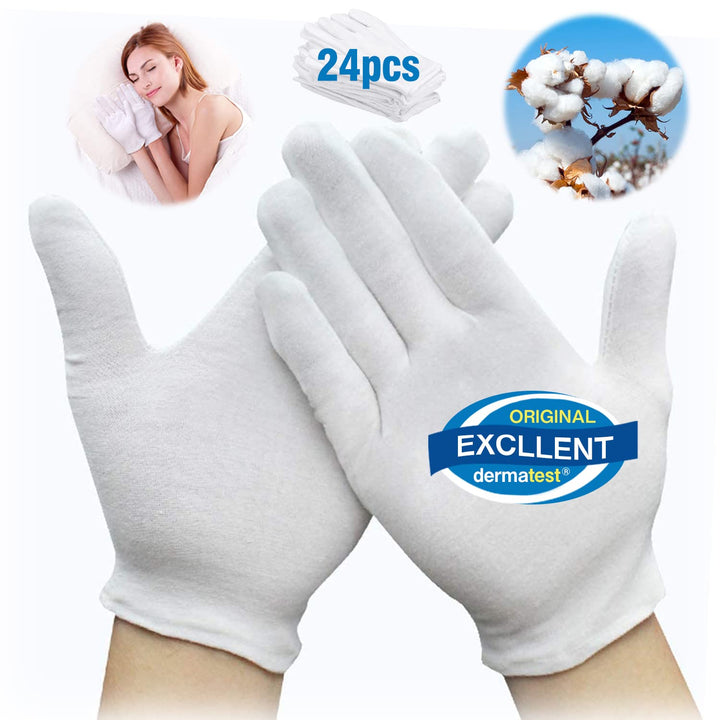 HJDHS front packaging of 24 cotton gloves showing clean white bundle benefit protection