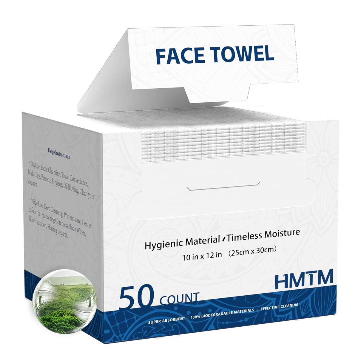 HMTM front packaging showing 50 towels and biodegradable benefit