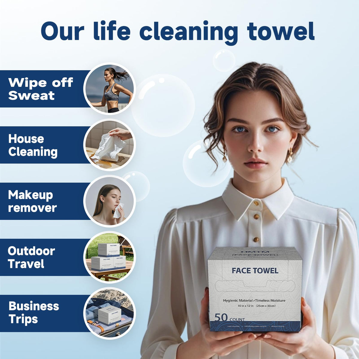 HMTM towel on bathroom vanity suggesting convenient on-the-go cleansing