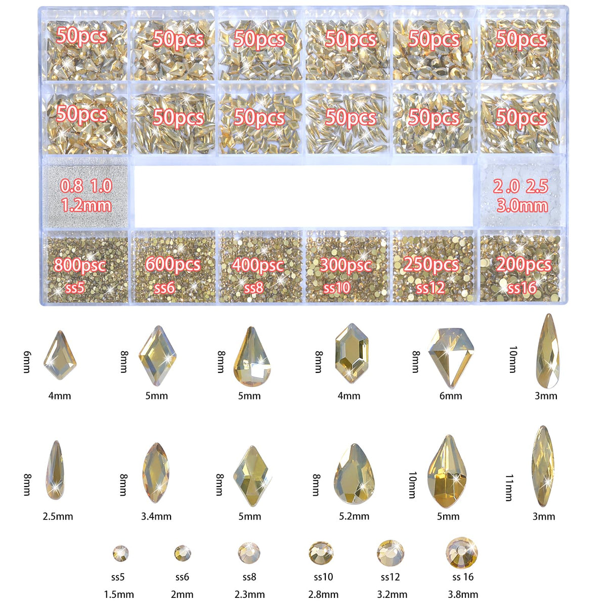 HNUIX close-up mixed gems showing glass sparkle and durable champagne-gold coating for shine