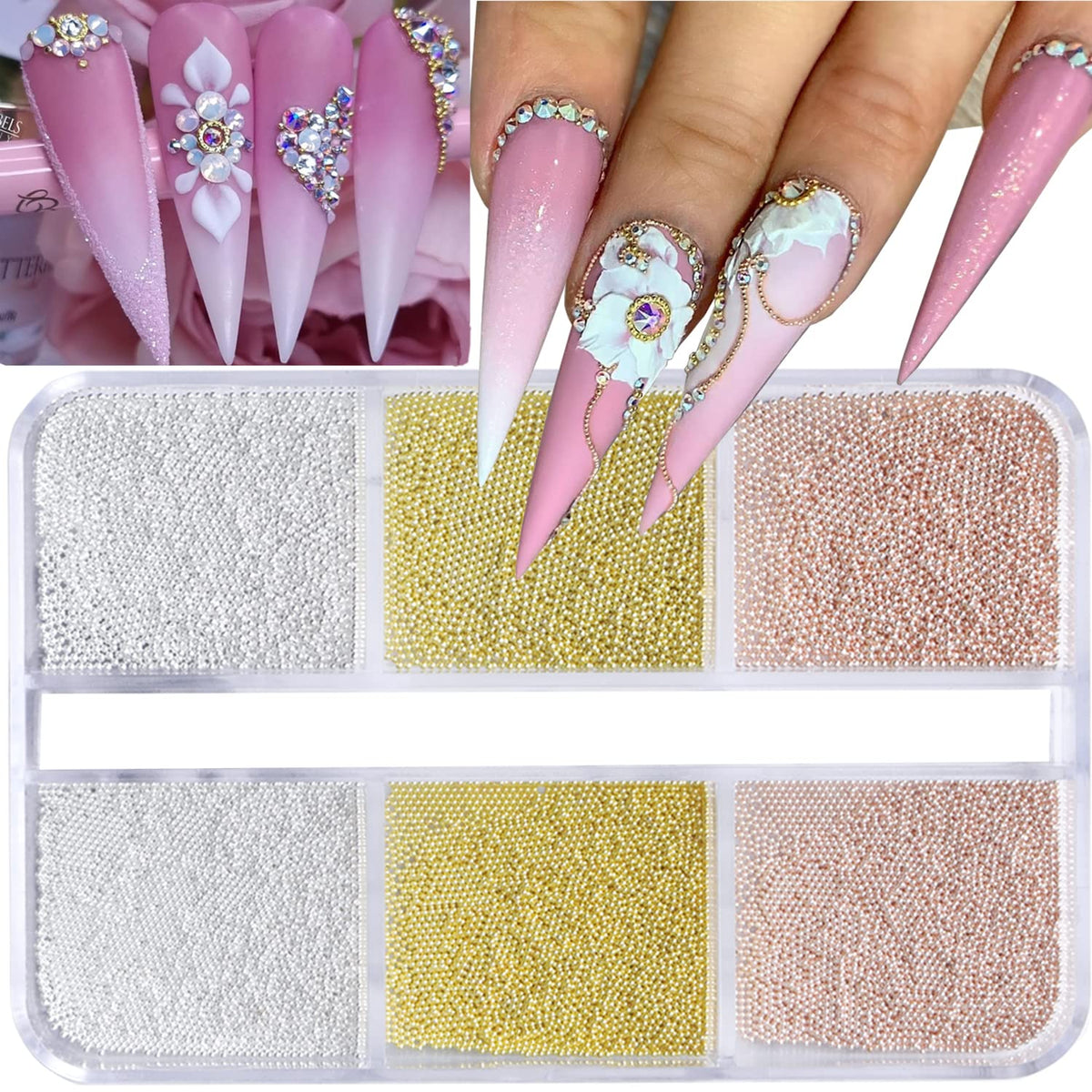 HNUIX front packaging showing mixed metal nail beads and benefits for easy storage
