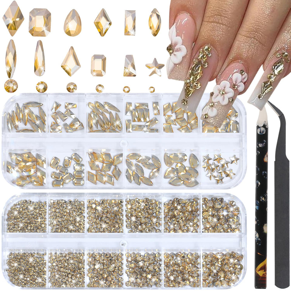 HNUIX front packaging showing champagne gold rhinestones and tools for easy selection