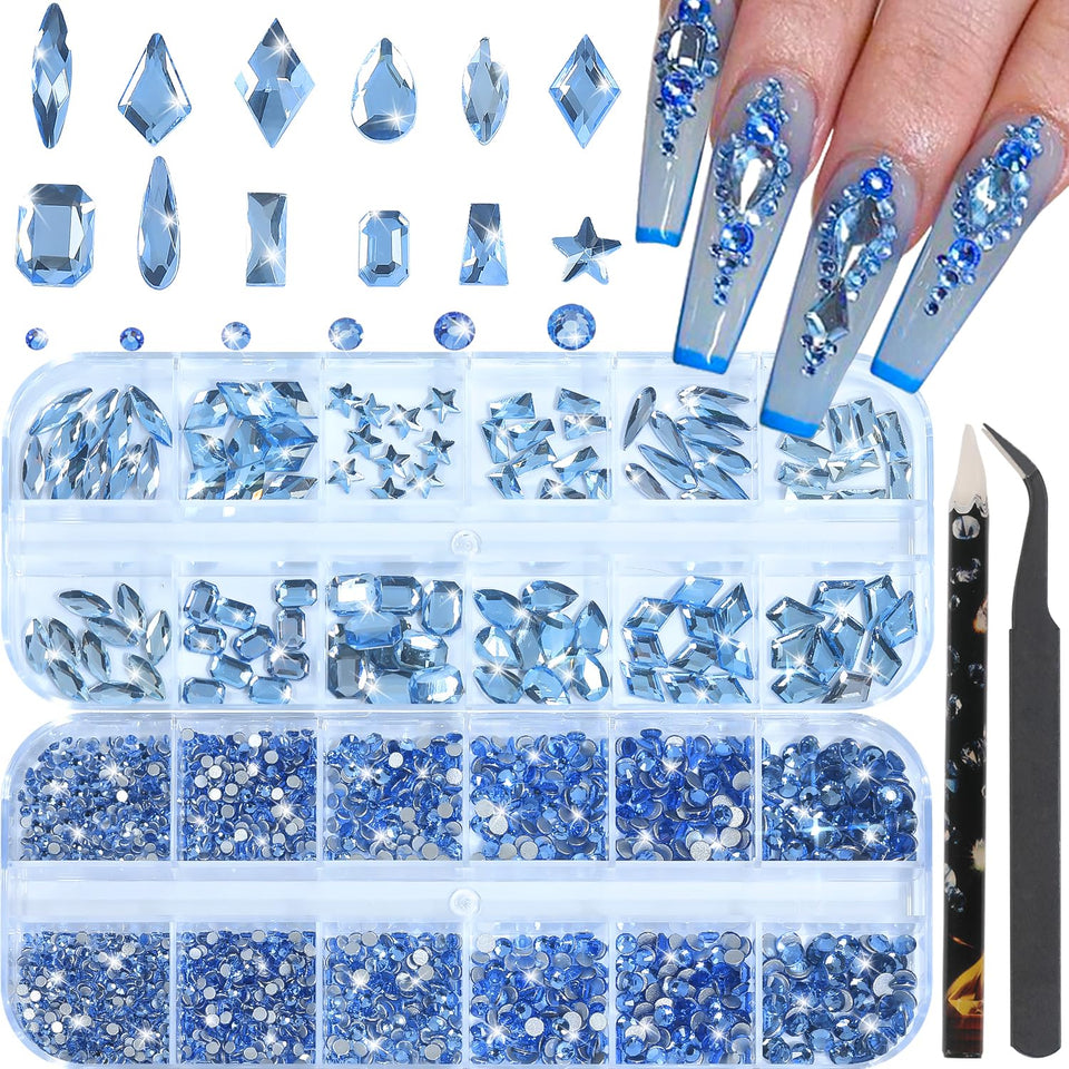 HNUIX front packaging showing light blue rhinestones and included tool kit for easy storage
