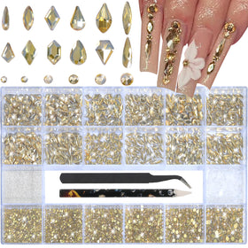 HNUIX front packaging showing 600-piece champagne gold rhinestone kit and tools for convenience