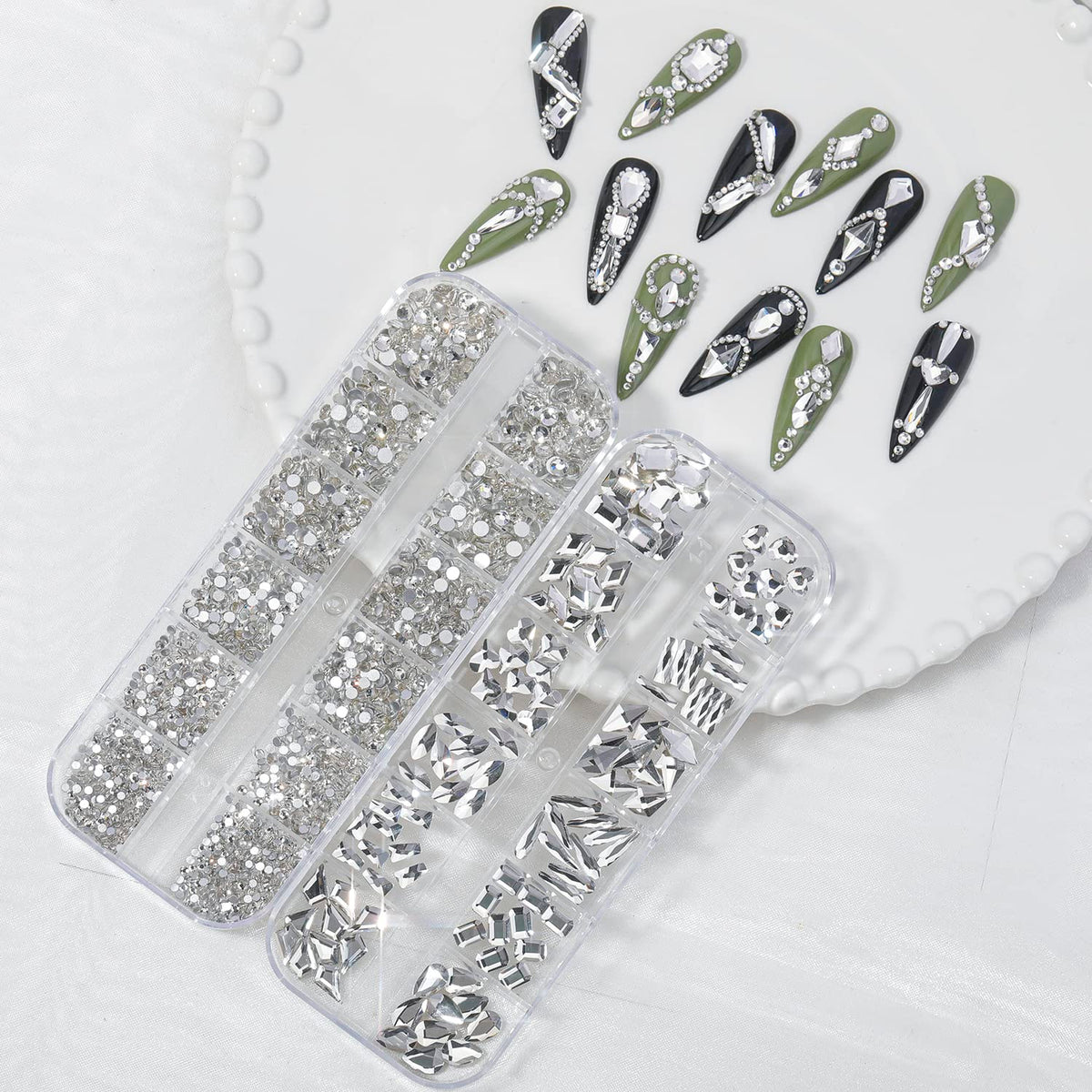 HNUIX rhinestones applied on fingernails creating a professional manicure