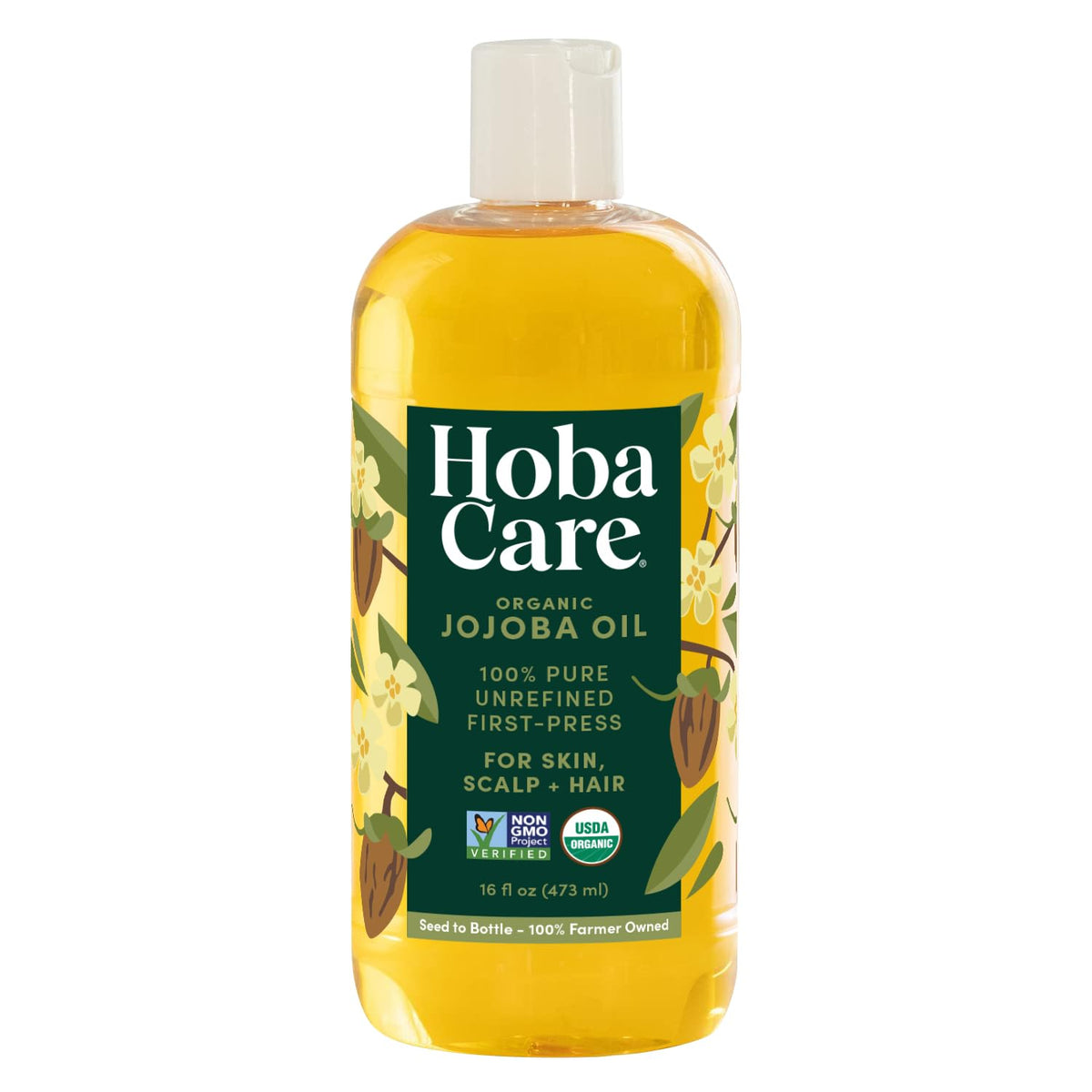 HobaCare bottle front label showing organic jojoba oil and benefits
