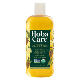 HobaCare bottle front label showing organic jojoba oil and benefits