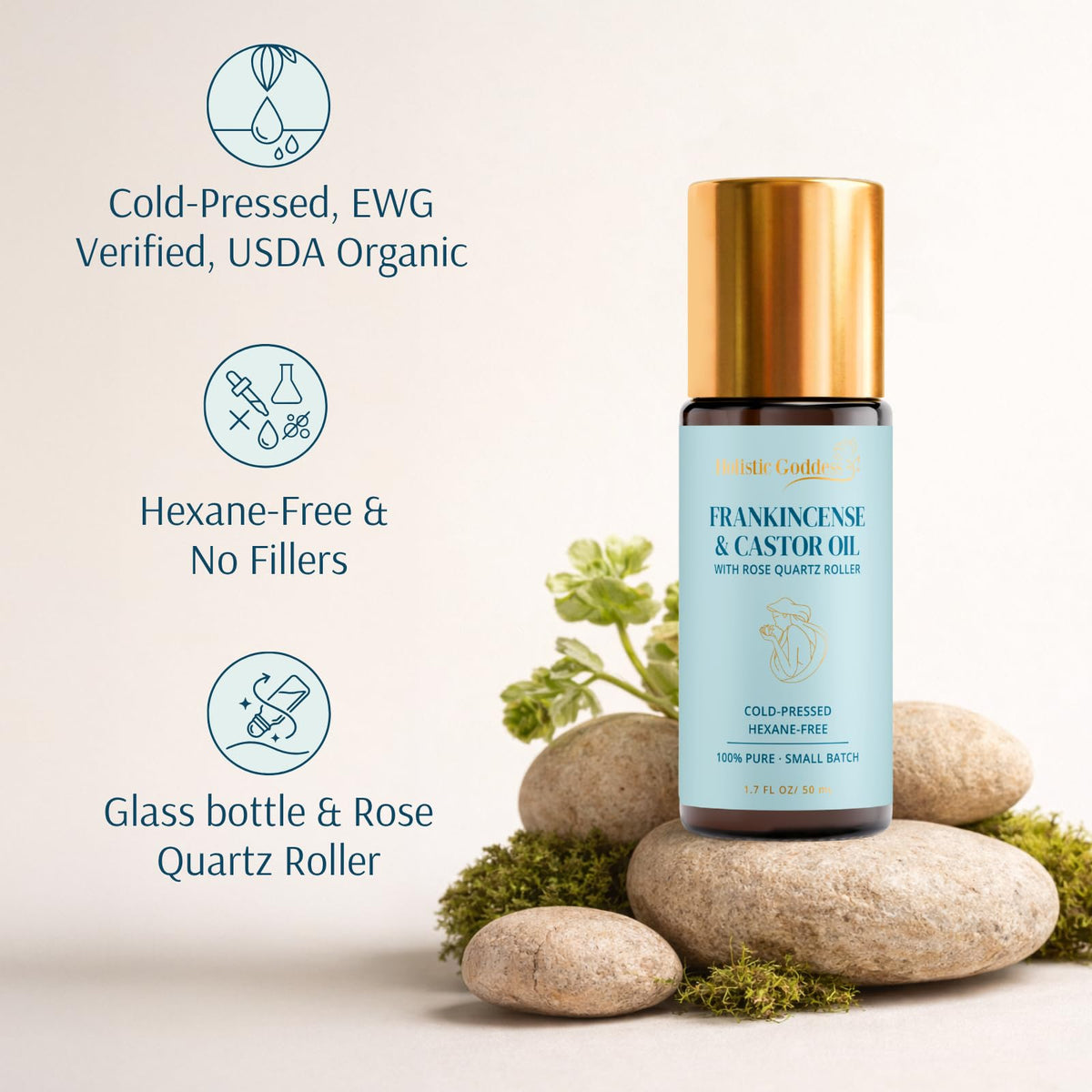 Holistic Goddess roll-on on bathroom vanity for daily beauty ritual