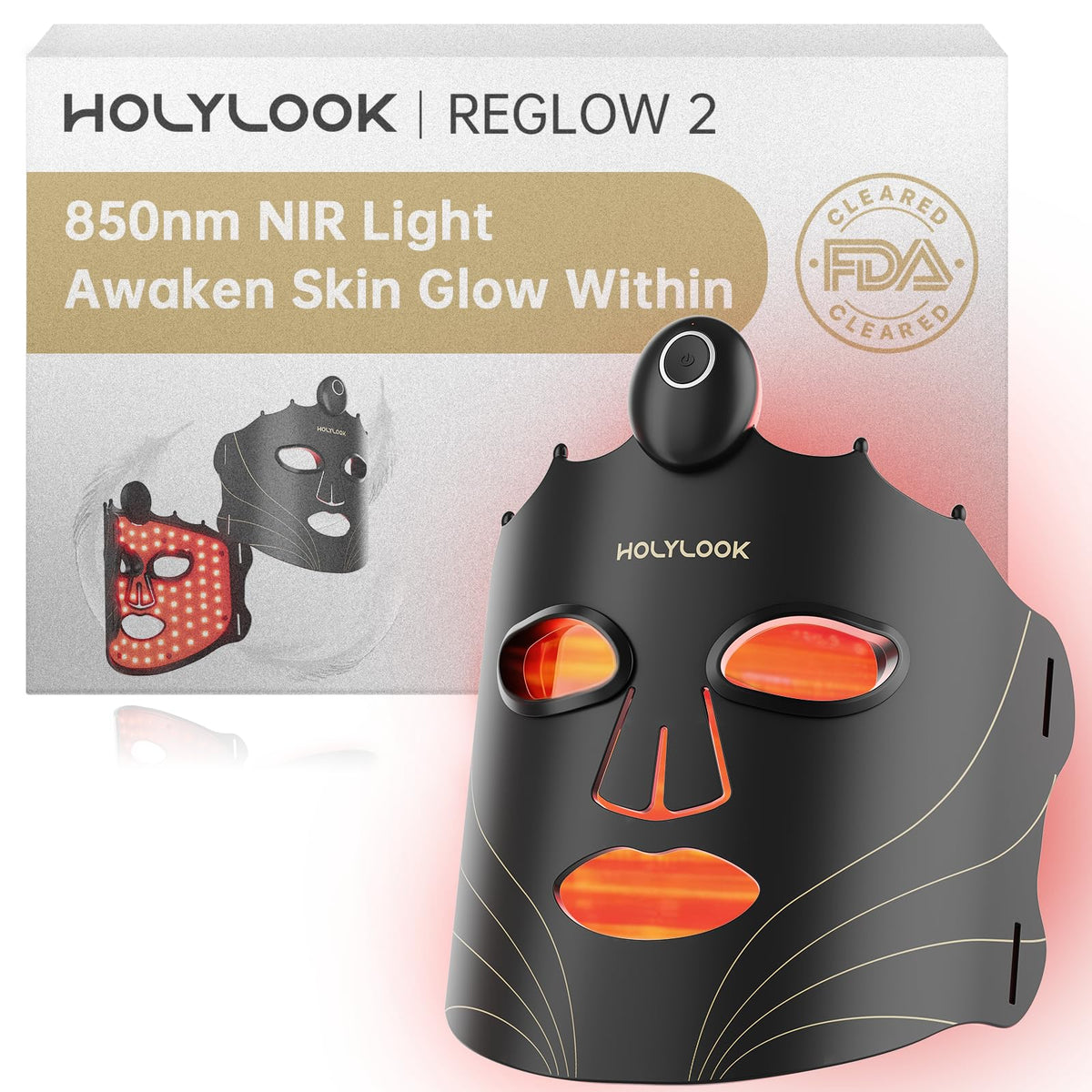 HOLYLOOK front view of black mask showing sleek design and at-home convenience