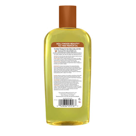 Hollywood Beauty label close-up highlighting tea tree blend and ingredients