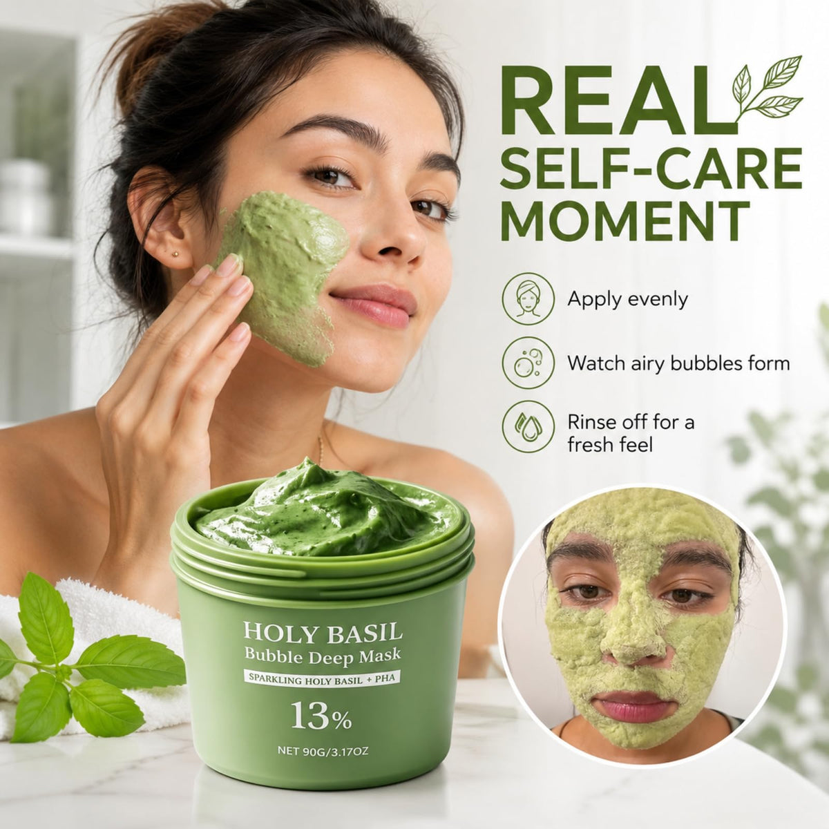 Generic Holy Basil Bubble Deep Mask airy foam close-up showing gentle bubbling action