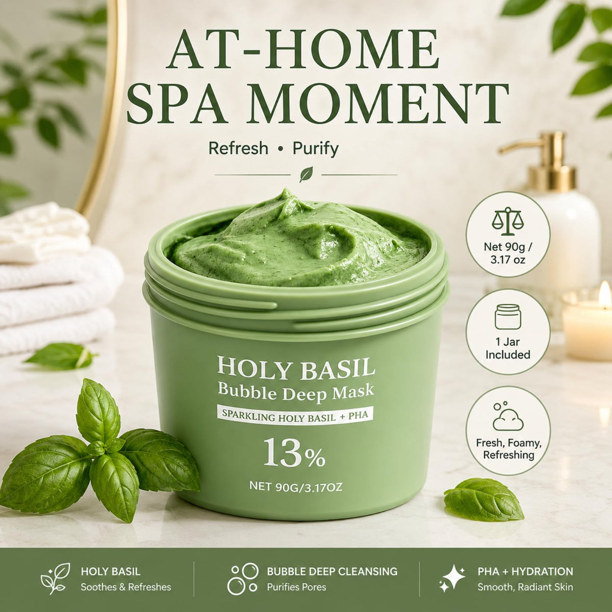 Generic Holy Basil Bubble Deep Mask applied on hand demonstrating easy spread and feel