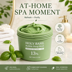 Generic Holy Basil Bubble Deep Mask applied on hand demonstrating easy spread and feel