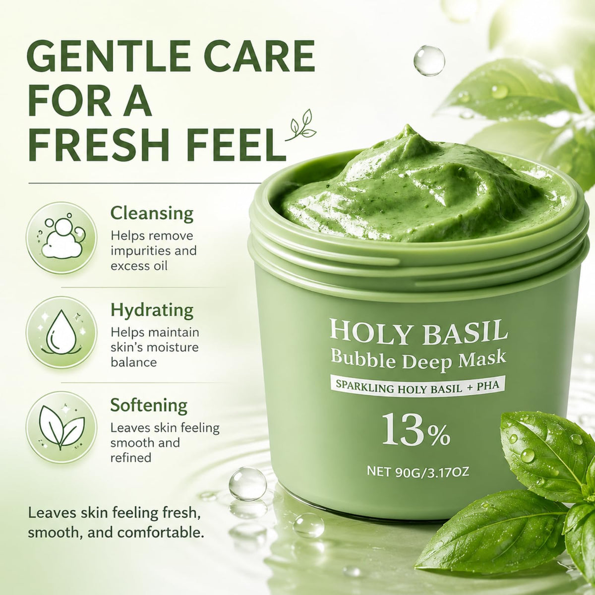 Generic Holy Basil Bubble Deep Mask with holy basil extract bottle showing botanical support