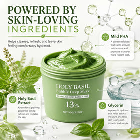 Generic Holy Basil Bubble Deep Mask next to common objects for size and scale clarity