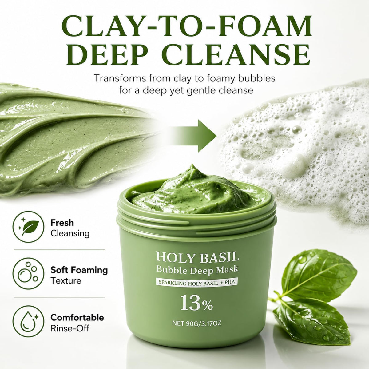 Generic Holy Basil Bubble Deep Mask creamy clay texture highlighting smooth application