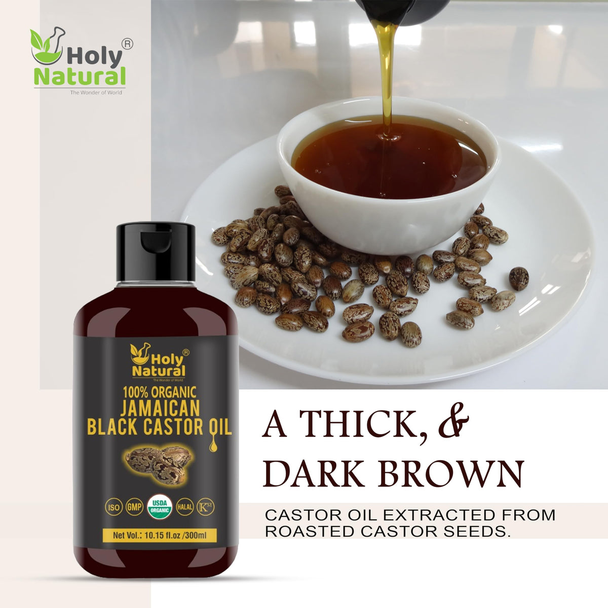 Holy Natural close-up of roasted castor beans, illustrates traditional process benefit