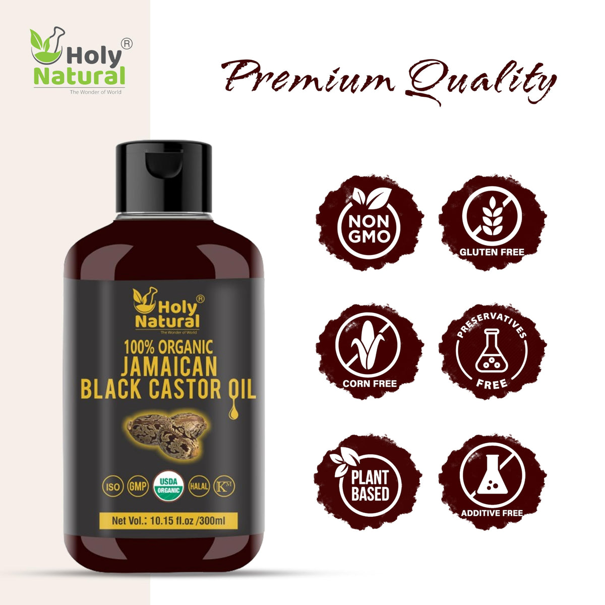 Holy Natural bottle beside hand for scale, clarifies 10.15 fl oz practical size