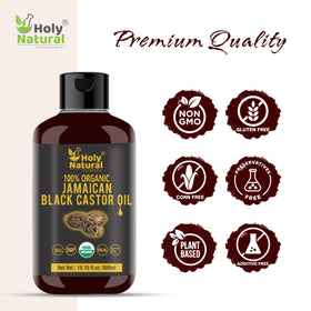 Holy Natural bottle beside hand for scale, clarifies 10.15 fl oz practical size