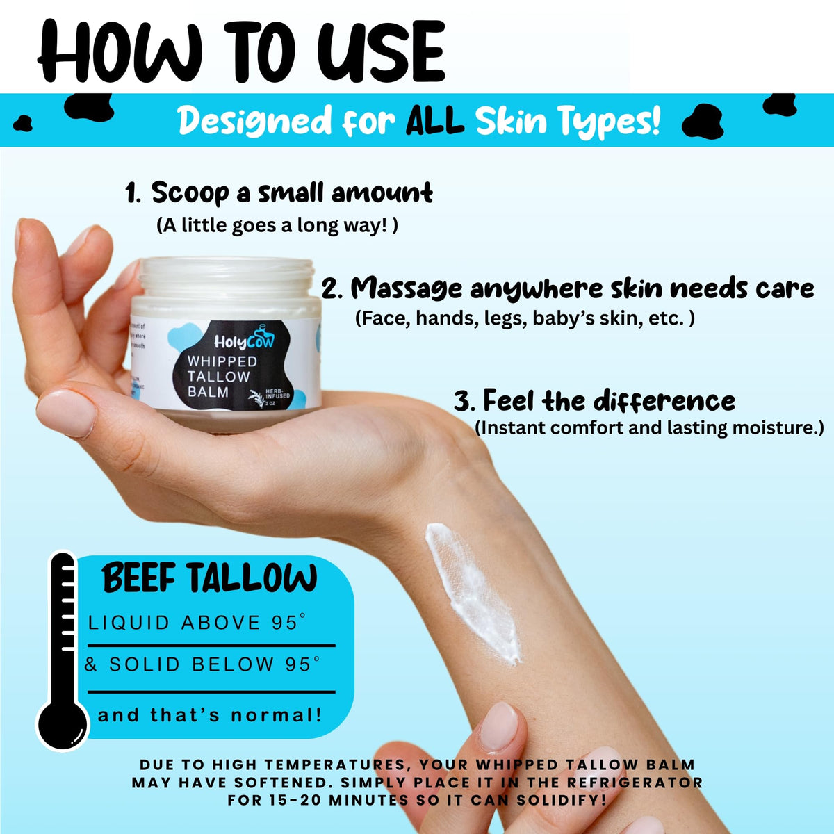 HolyCow balm being smoothed on hand for instant moisture