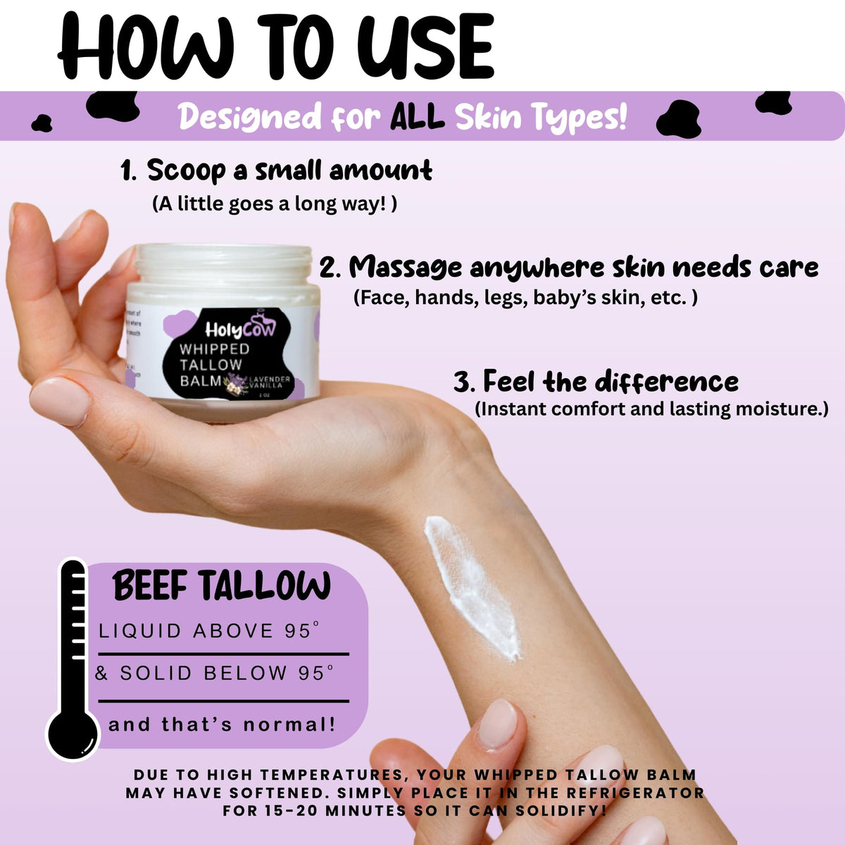 Applying HolyCow balm to hand demonstrating barrier protection and fast absorption