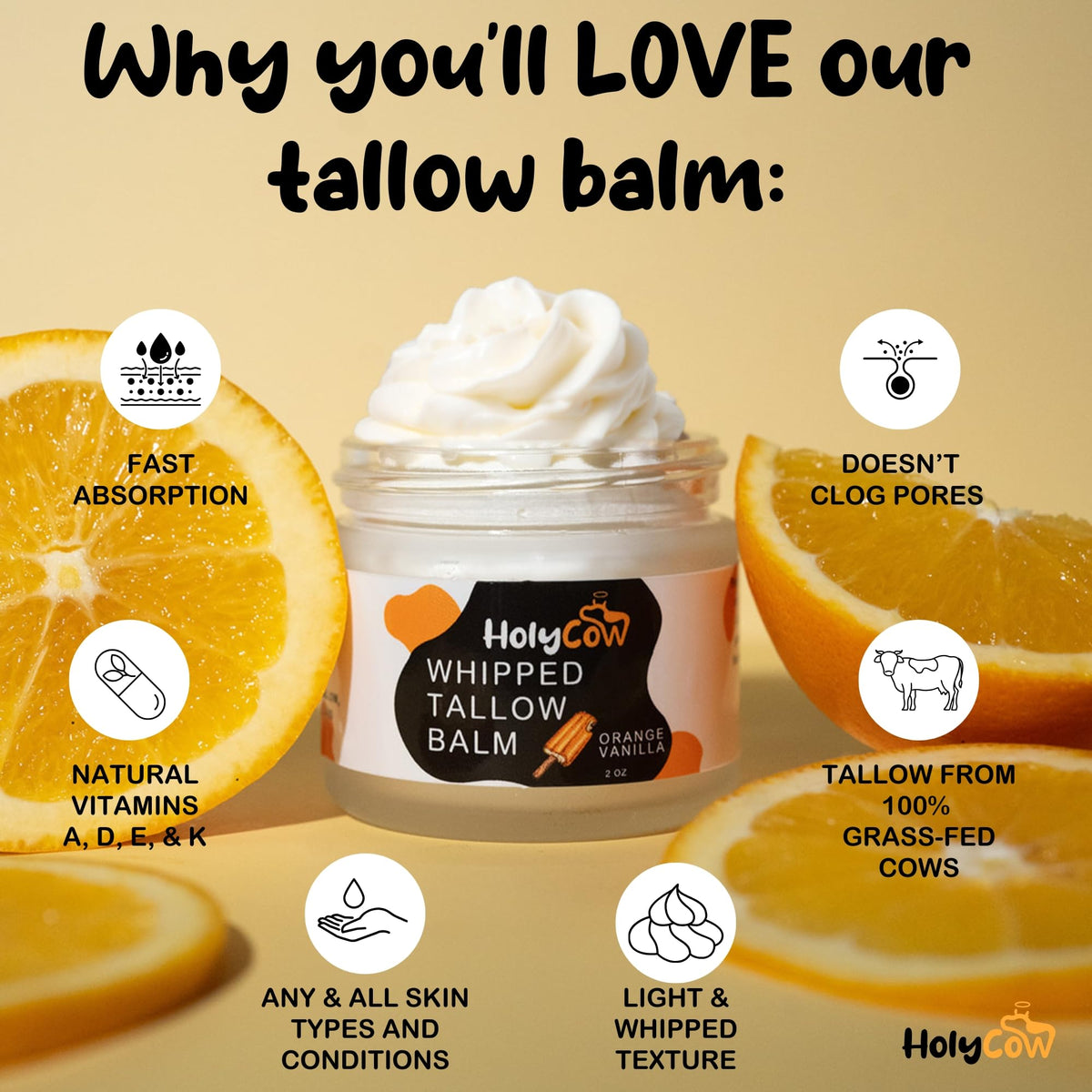 HolyCow open jar displaying creamy tallow blend for deep hydration