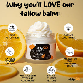 HolyCow open jar displaying creamy tallow blend for deep hydration